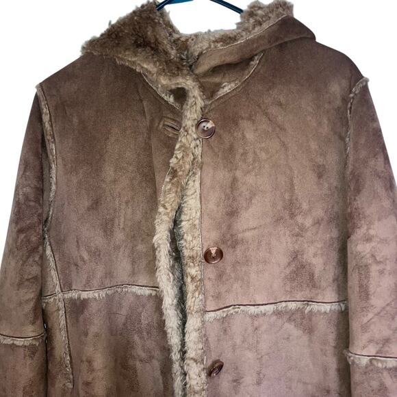 Vintage Y2K Gallery Tan Suede Sherpa Penny Lane Trench Coat-size Small - Picture 4 of 15